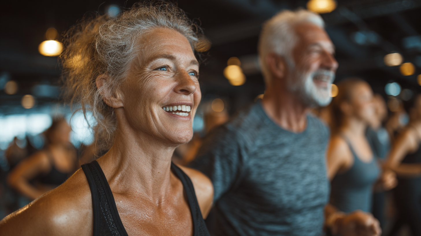 Активни хора в зрелите години упражняват йога на открито